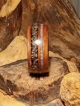Load image into Gallery viewer, Iron Pyrite and Blue Coral Madrone Burl Bentwood Ring