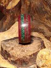 Load image into Gallery viewer, Malachite and Iron Pyrite Purpleheart Bentwood Ring