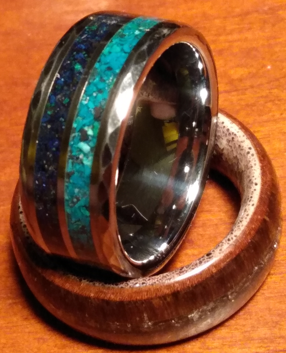 Hammered Tungsten chrysocolla azurite ring