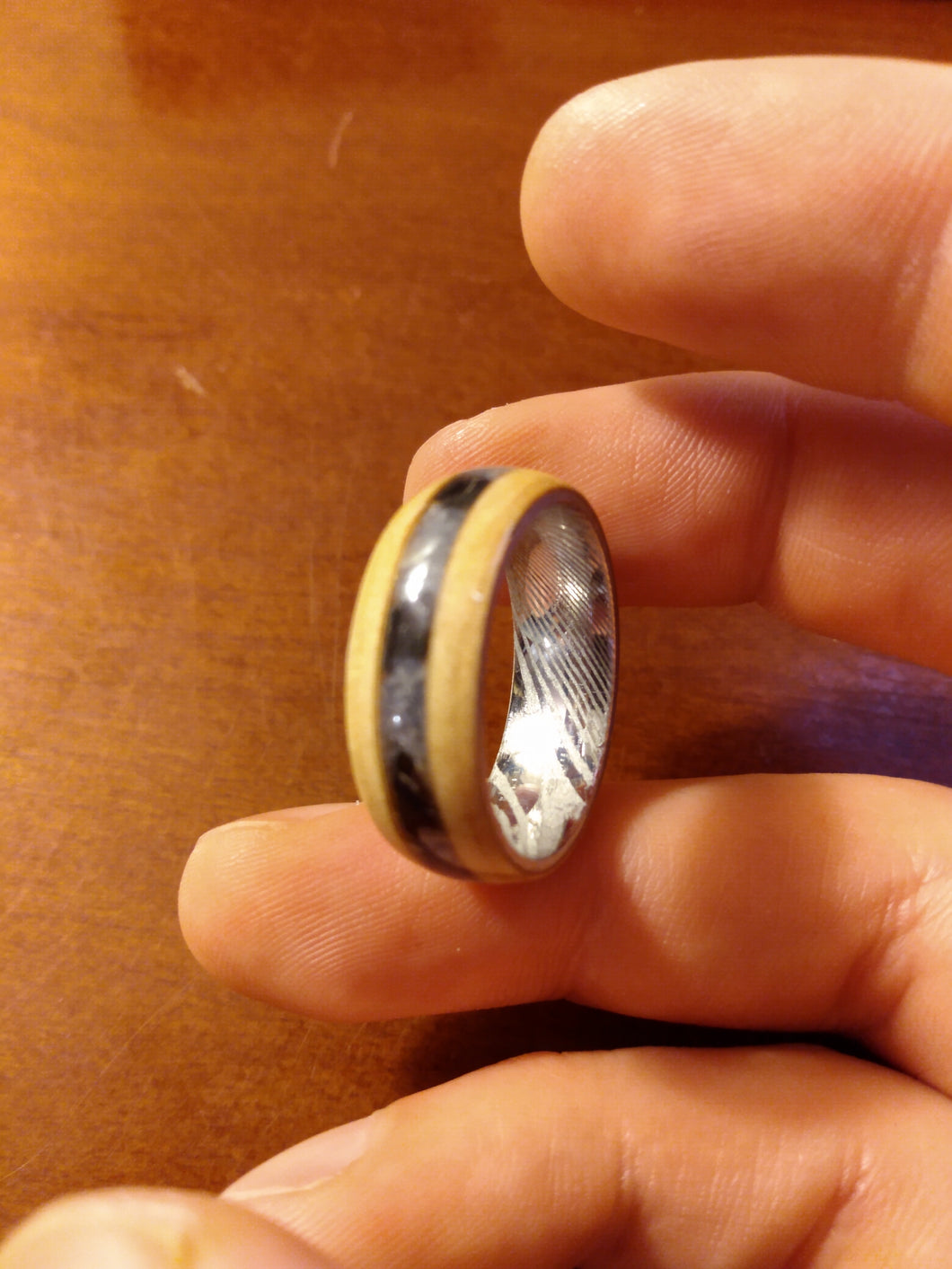 Damascus birdseye maple megalodon tooth ring