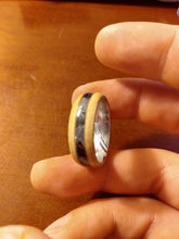 Load image into Gallery viewer, Damascus birdseye maple megalodon tooth ring
