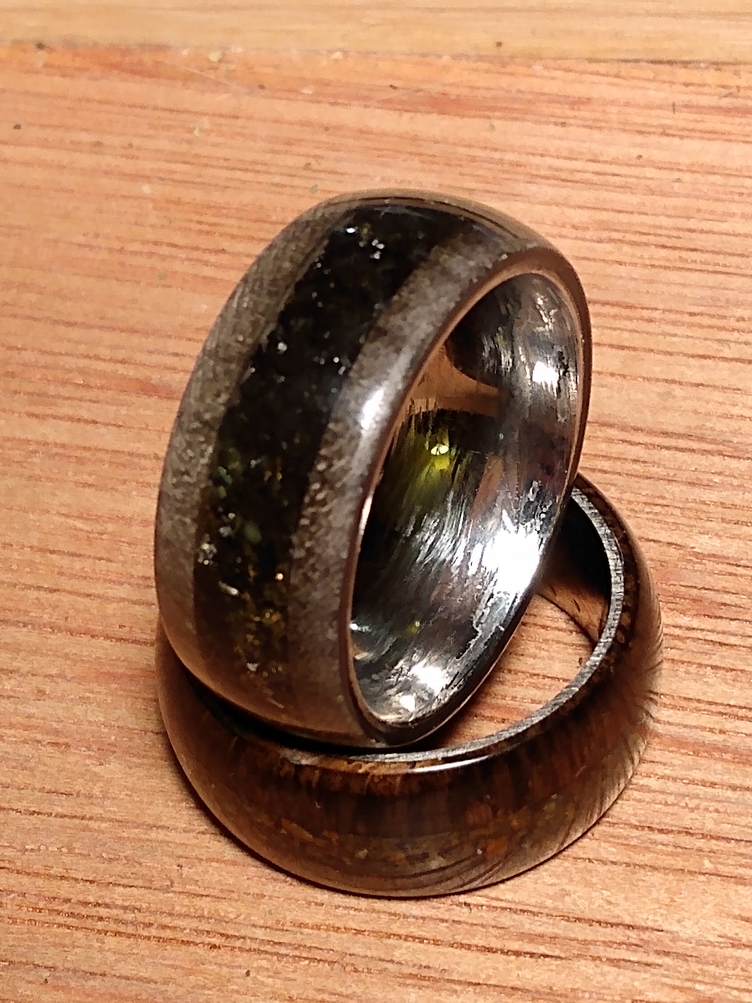 Silver Bentwood Ring with Shungite and Mexican Fire Opal Channel