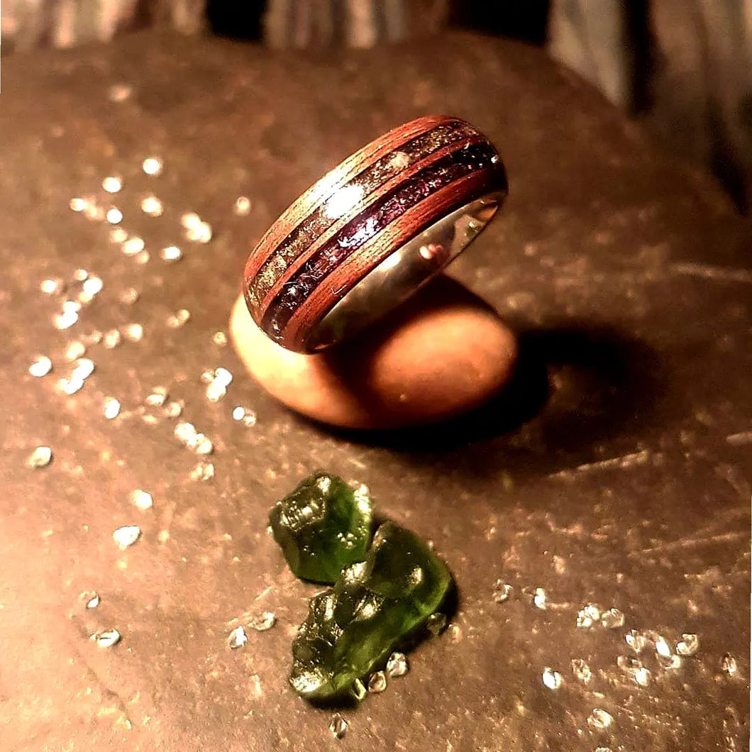 Dual Channel Moldavite and Herkimer Walnut Bentwood Ring