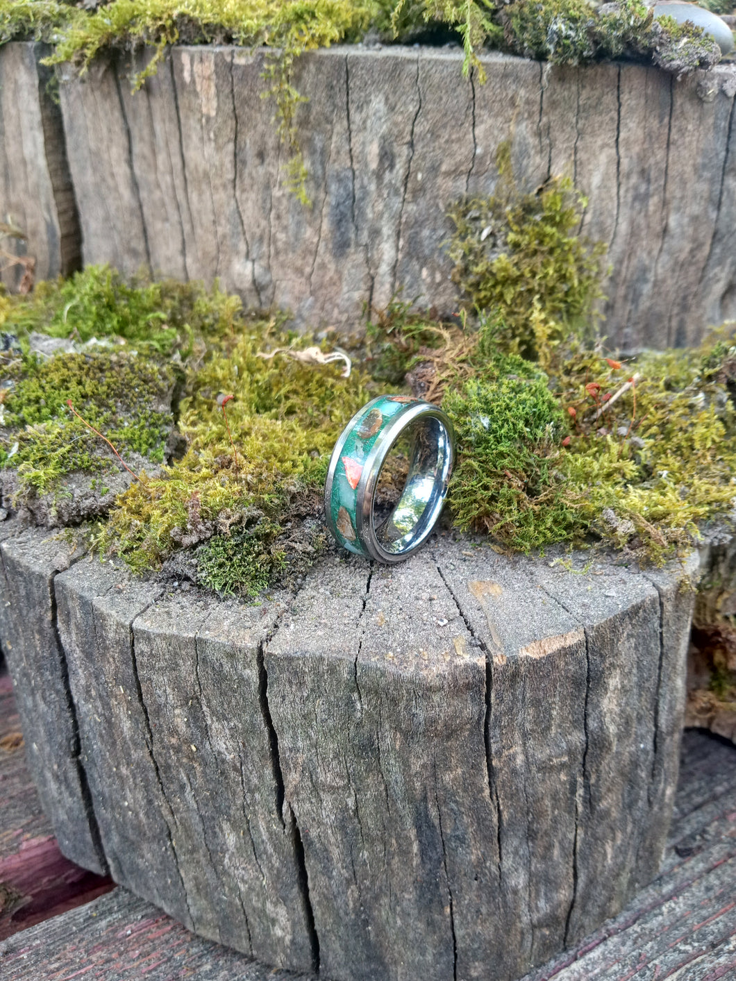 Ammolite, Malachite and Welo Opal Tungsten Ring