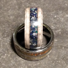 Load image into Gallery viewer, Silver Maple Bentwood Ring Azurite Moldavite and Herkimer Diamond Channel
