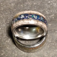 Load image into Gallery viewer, Silver Maple Bentwood Ring Azurite Moldavite and Herkimer Diamond Channel
