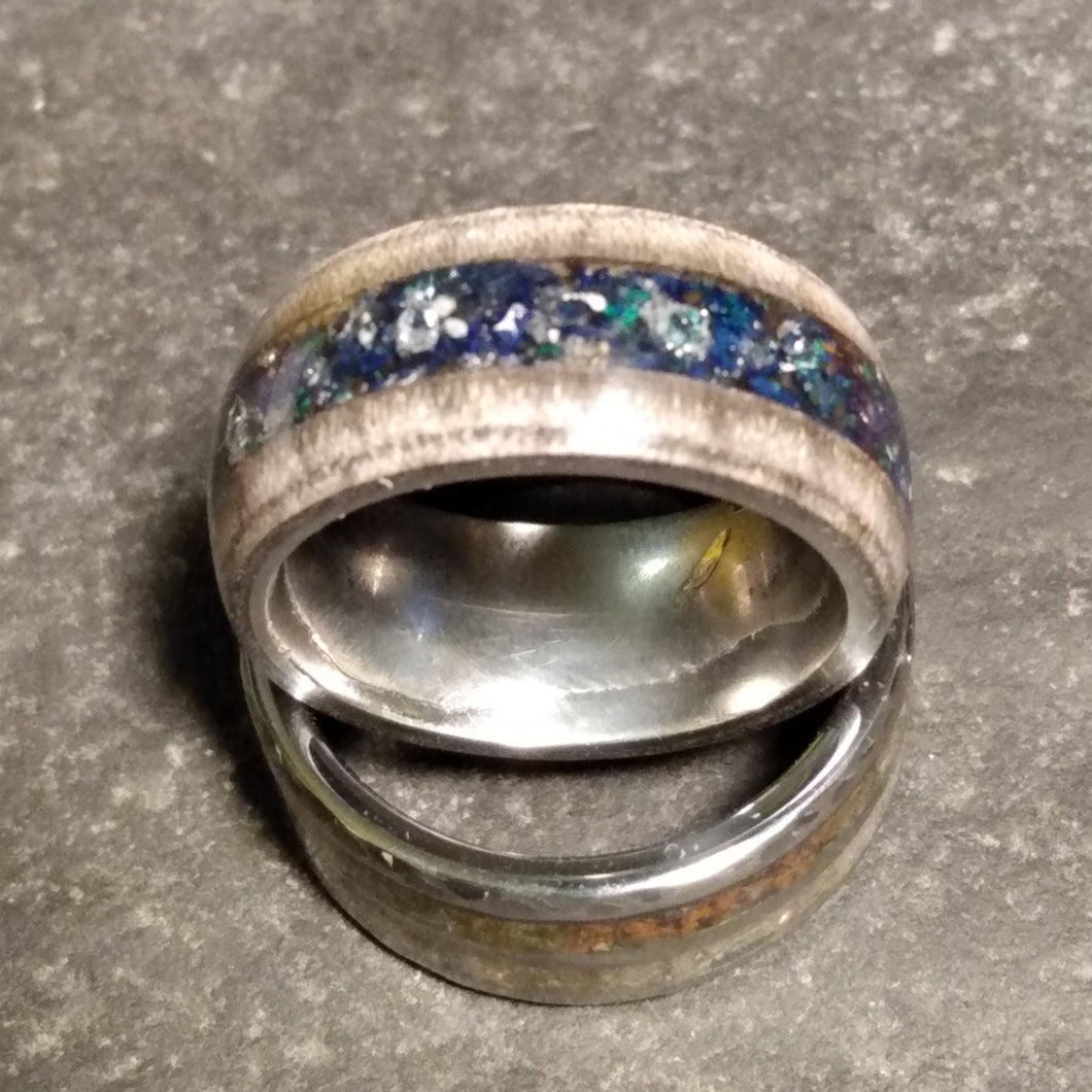 Silver Maple Bentwood Ring Azurite Moldavite and Herkimer Diamond Channel