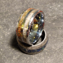 Load image into Gallery viewer, Trex Bone Meteorite Opal Lunar Dust Moldavite Ring Hammered Tungsten
