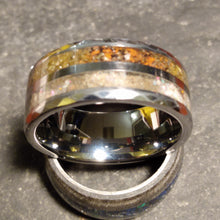 Load image into Gallery viewer, Trex Bone Meteorite Opal Lunar Dust Moldavite Ring Hammered Tungsten
