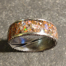 Load image into Gallery viewer, Dinosaur Bone and Welo Opal Blackened Damascus Ring
