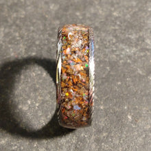 Load image into Gallery viewer, Dinosaur Bone and Welo Opal Blackened Damascus Ring
