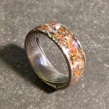 Load image into Gallery viewer, Dinosaur Bone and Welo Opal Blackened Damascus Ring
