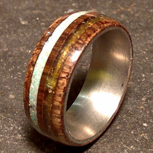 Load image into Gallery viewer, Dual Channel Ancient Bog Oak Turquoise and Mexican Fire Opal Bentwood Ring
