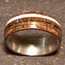 Load image into Gallery viewer, Dual Channel Ancient Bog Oak Turquoise and Mexican Fire Opal Bentwood Ring
