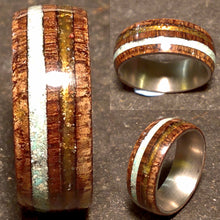 Load image into Gallery viewer, Dual Channel Ancient Bog Oak Turquoise and Mexican Fire Opal Bentwood Ring
