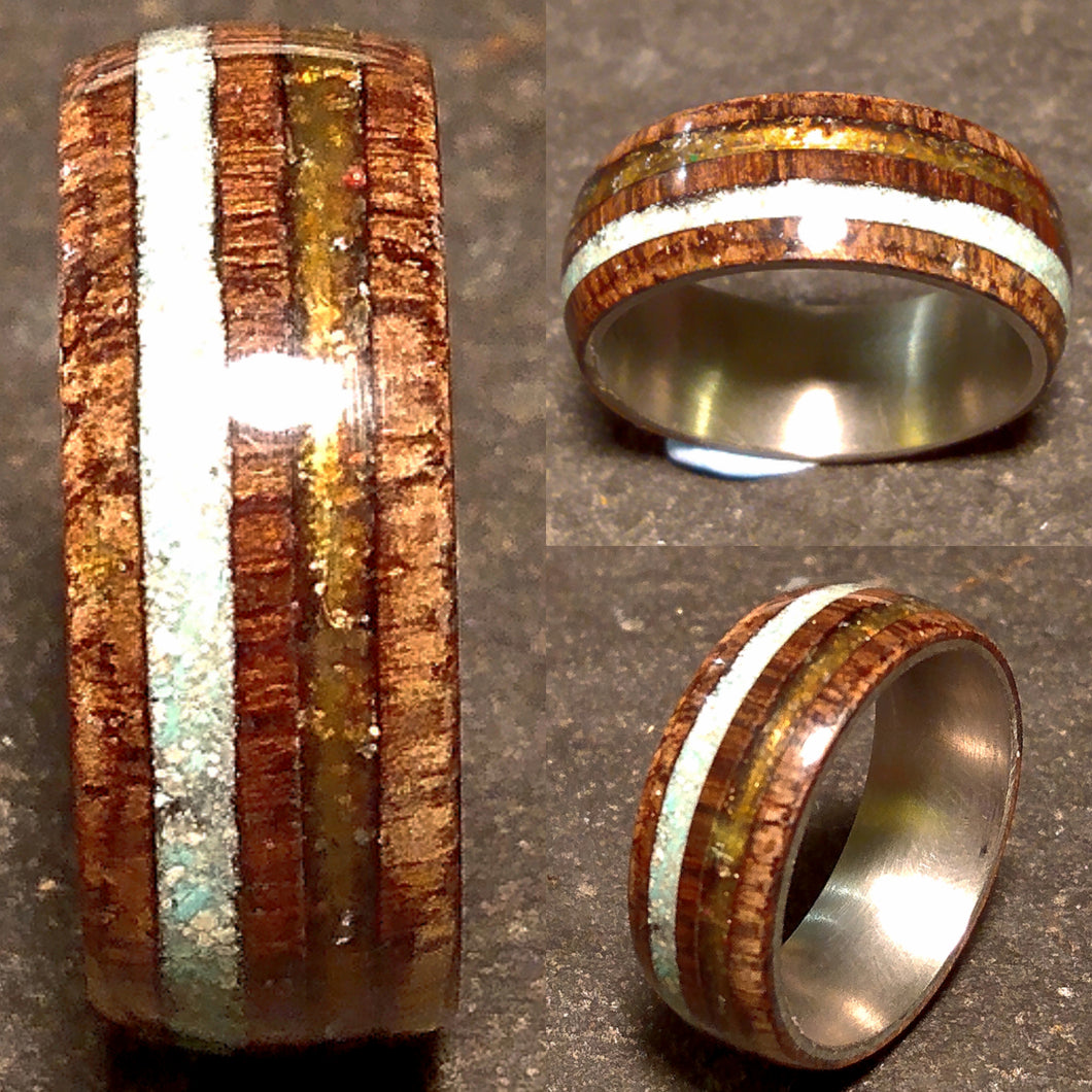 Dual Channel Ancient Bog Oak Turquoise and Mexican Fire Opal Bentwood Ring