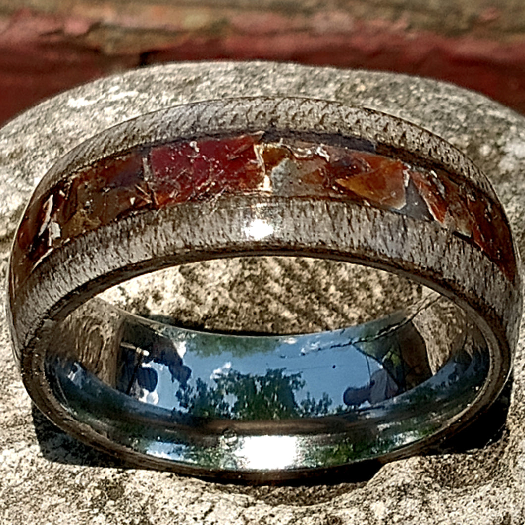 Ammolite and Silver Maple Bentwood Ring