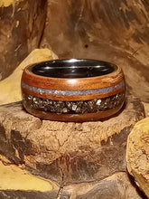 Load image into Gallery viewer, Iron Pyrite and Blue Coral Madrone Burl Bentwood Ring
