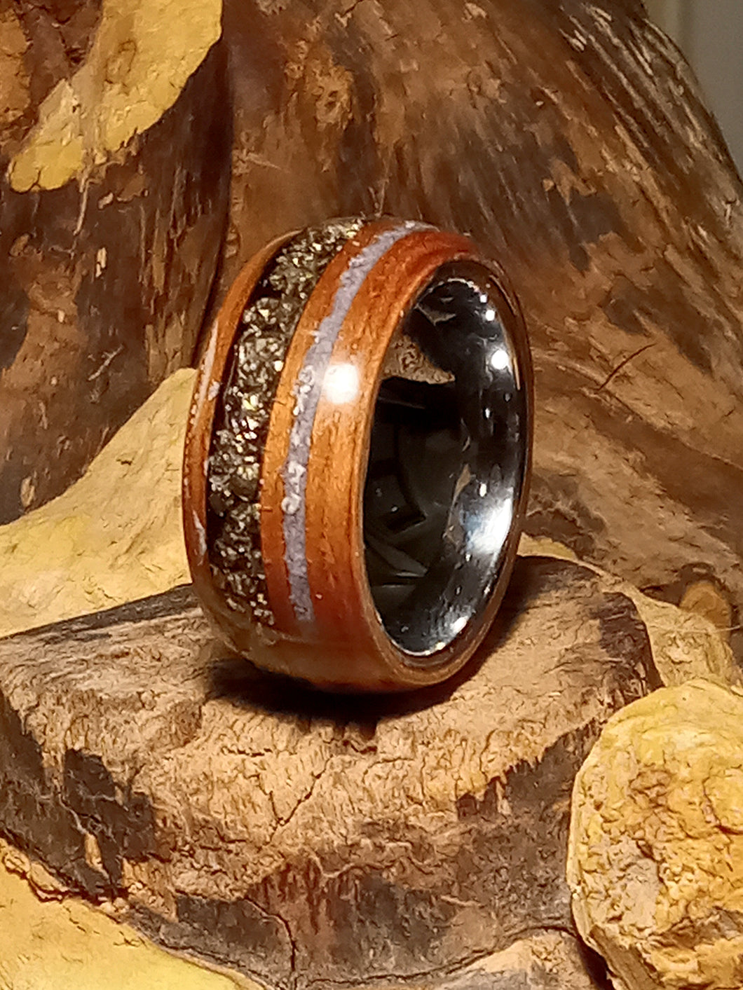 Iron Pyrite and Blue Coral Madrone Burl Bentwood Ring