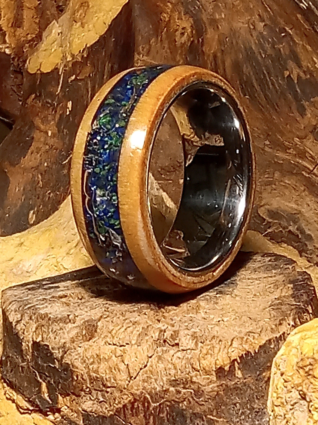 Azurite Moldavite and Herkimer Quartz Birdseye Maple Bentwood Ring