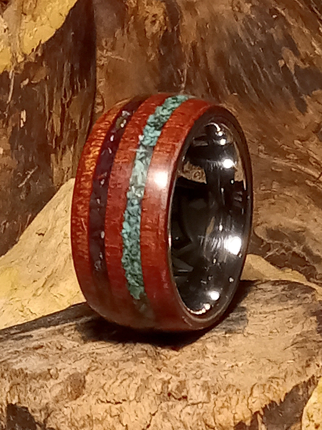 Turqouise and Fire Opal Etimoe Bentwood Ring