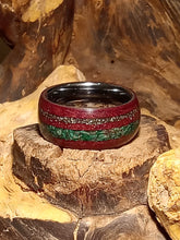 Load image into Gallery viewer, Malachite and Iron Pyrite Purpleheart Bentwood Ring
