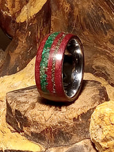 Load image into Gallery viewer, Malachite and Iron Pyrite Purpleheart Bentwood Ring
