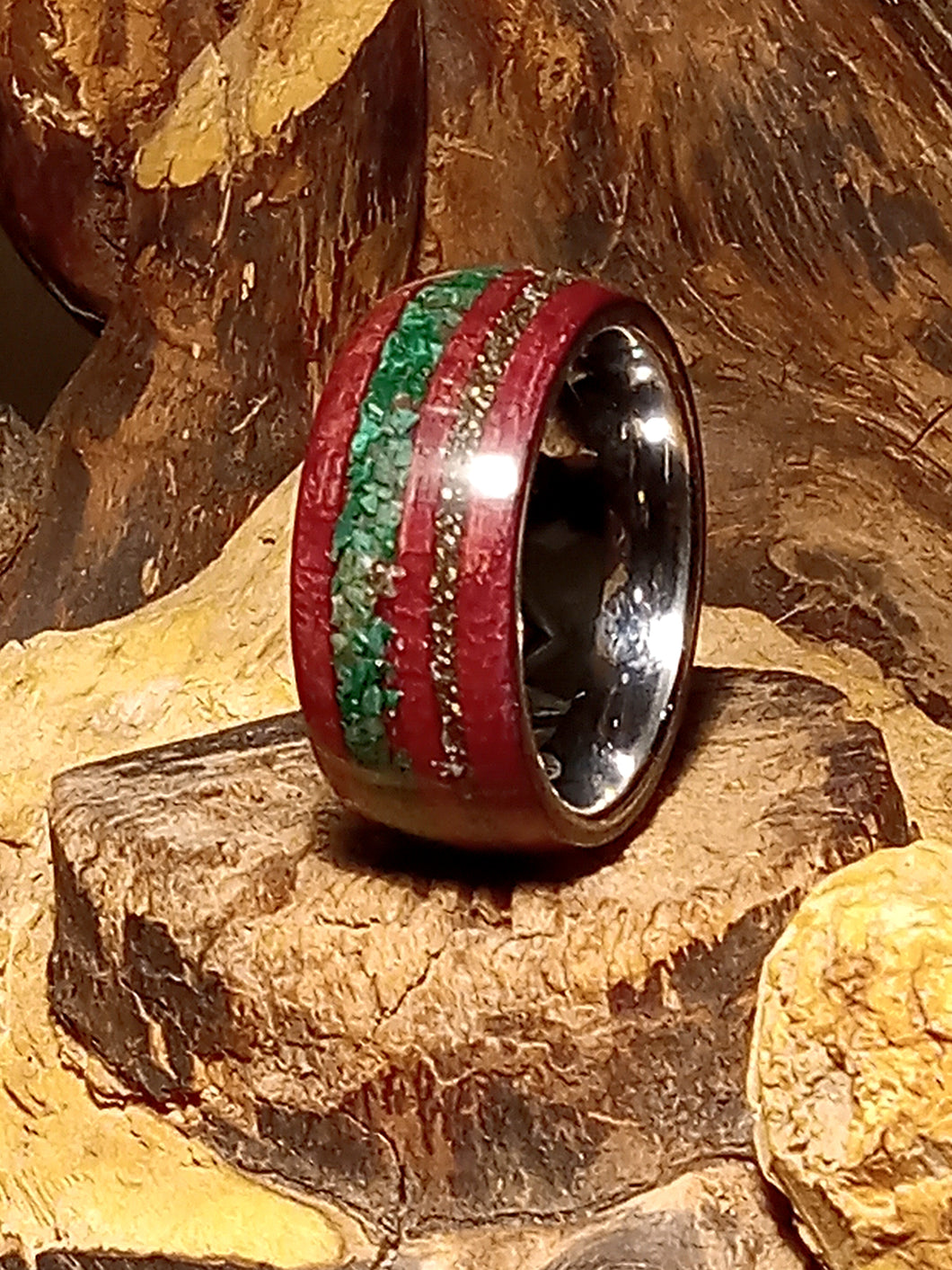 Malachite and Iron Pyrite Purpleheart Bentwood Ring