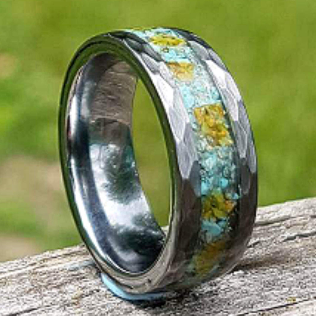 Turquoise and Fire Opal Hammered Finish Tungsten Ring